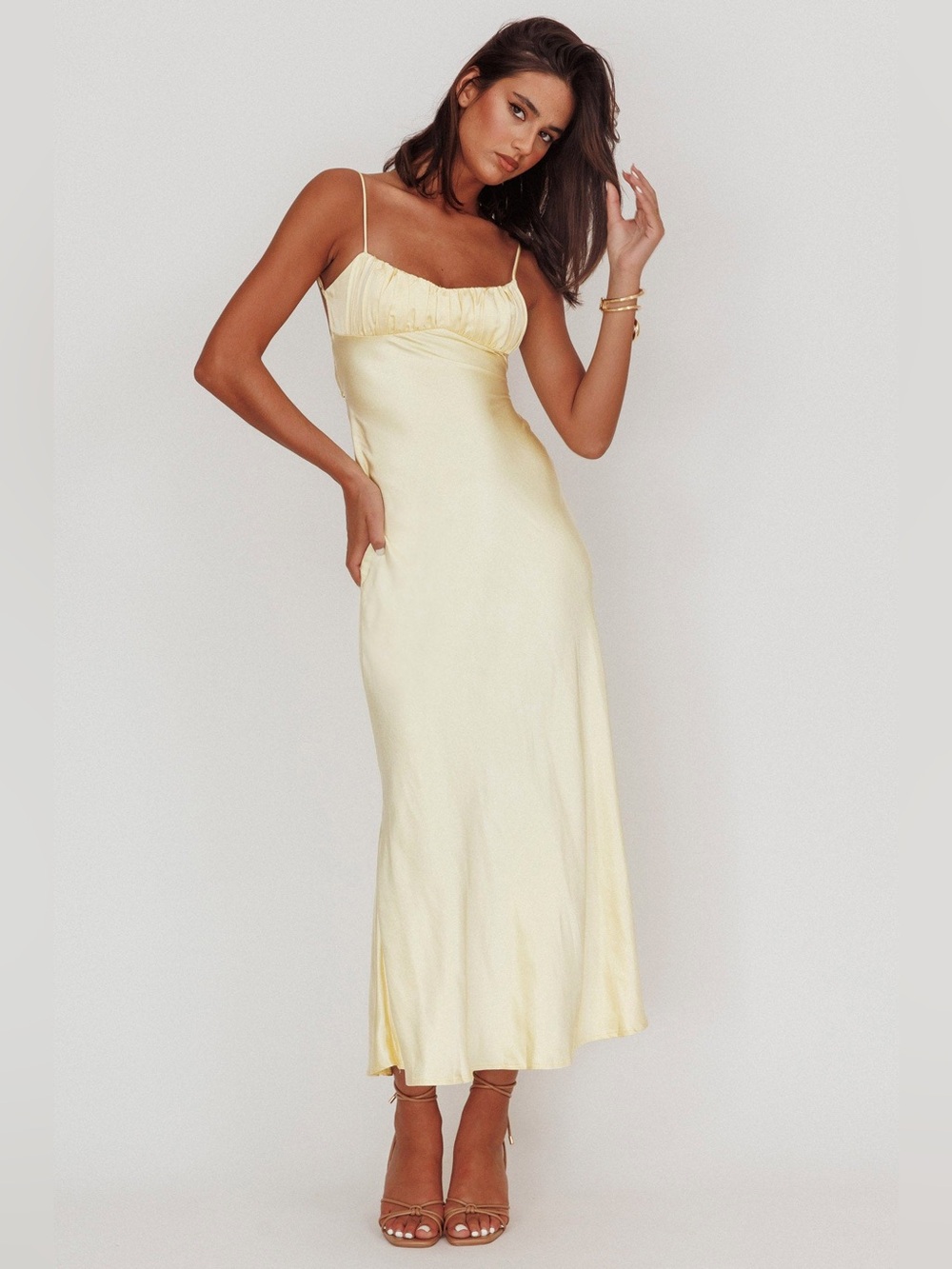 NWT Selfie Leslie Nerida Twist Back Satin Maxi Dress Lemon